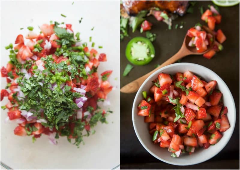 香柏木鲑鱼配上清新的草莓莎莎酱。这条鲑鱼是夏季的终极主菜,绝对是一种受欢迎的食物!| joyfulhealthyeats.com glutenfree