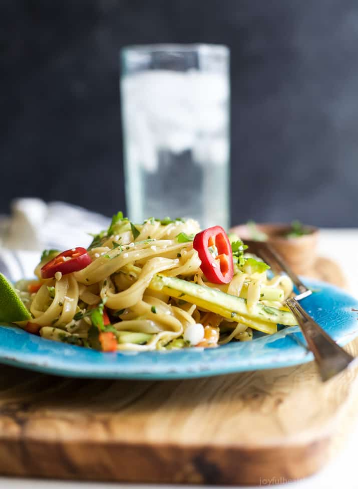 Close up view of Asian Noodle Salad with a Spicy Sesame Dressing in a bowl