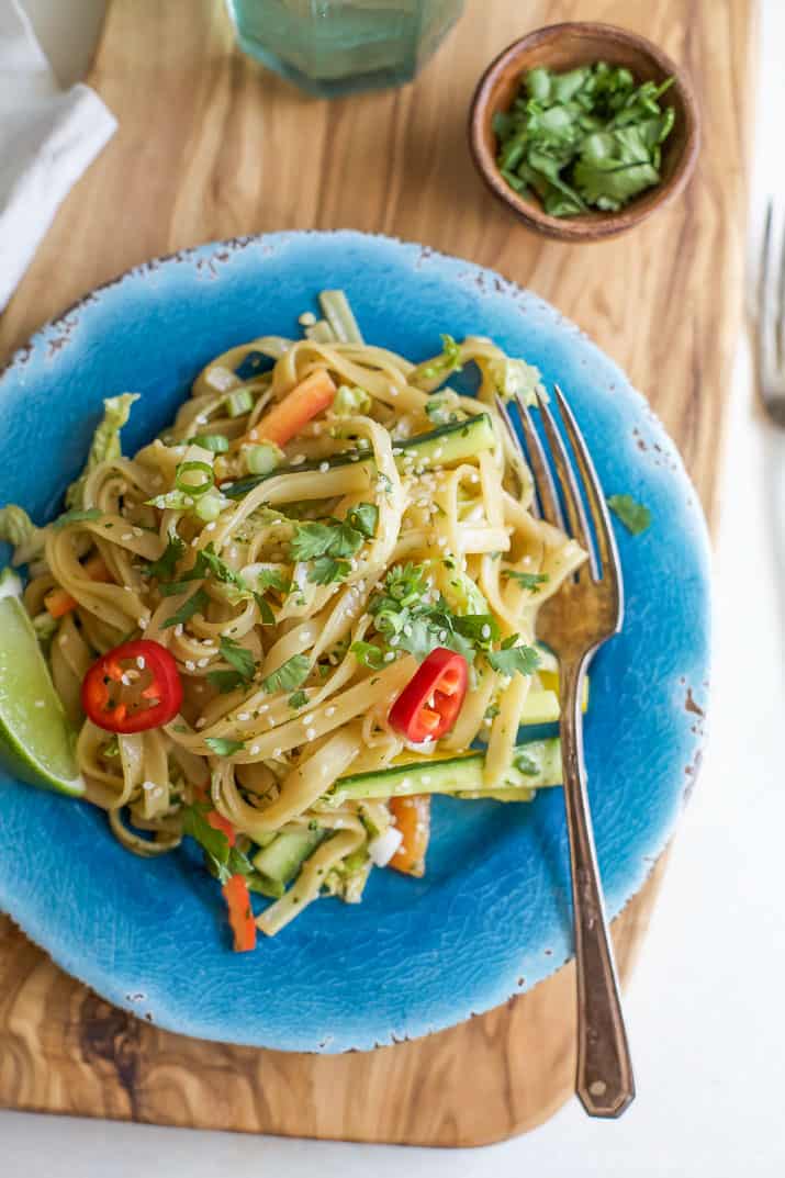 Top view of Asian Noodle Salad with a Spicy Sesame Dressing in a bowl