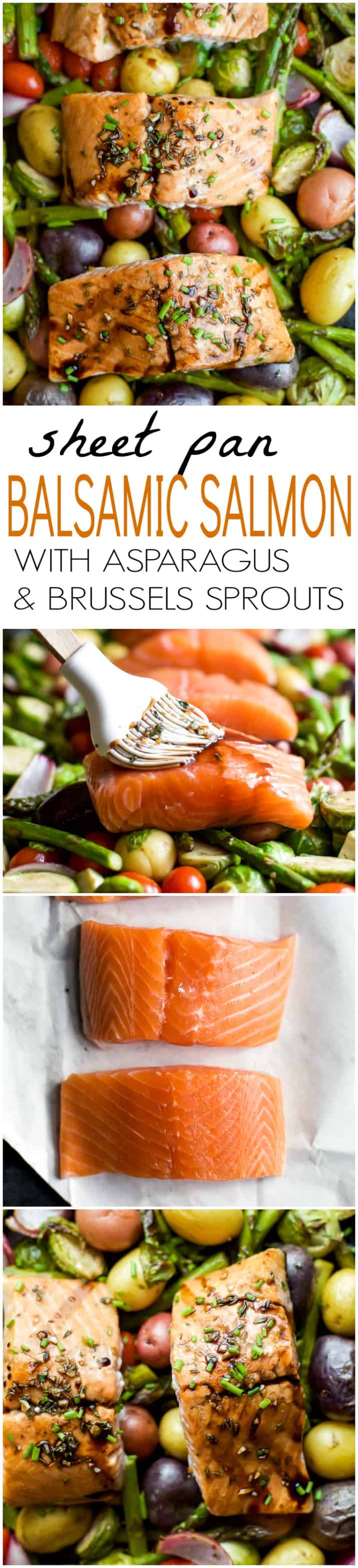 Sheet Pan Balsamic Salmon和蔬菜照片拼贴