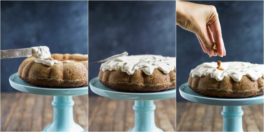 Pumpkin Bundt Cake with Cream Cheese Frosting 用糖霜和山核桃装饰蛋糕的图像拼贴