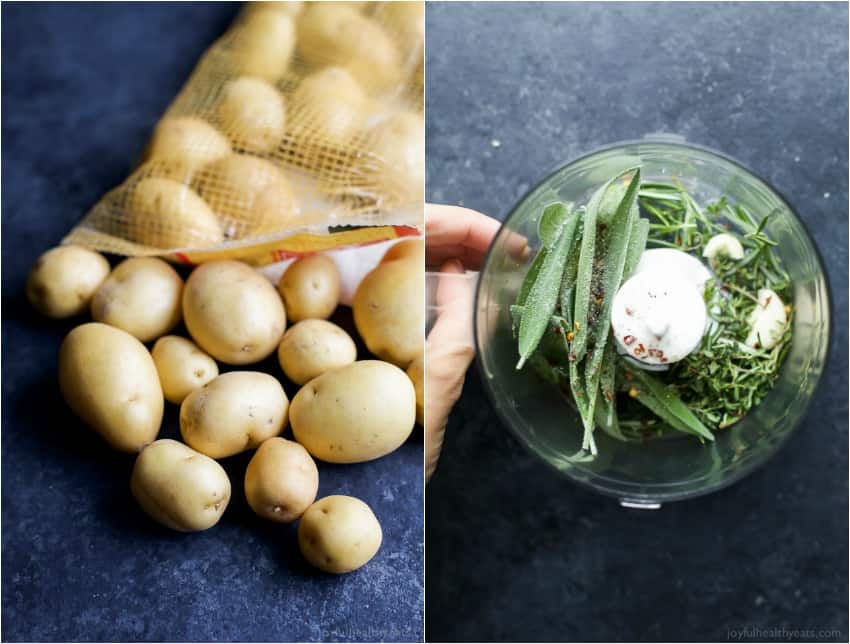 一袋迷你土豆和一堆香草放在食品加工碗里
