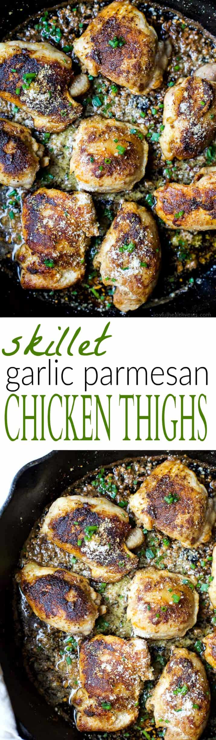 平底锅蒜味帕玛森鸡大腿,一锅平底锅的美味会让你大吃一惊。这种健康的食物在30分钟内就能吃完,每份的热量为262卡路里。| joyfulhealthyeats.com | #ad鸡肉食谱|无麸质