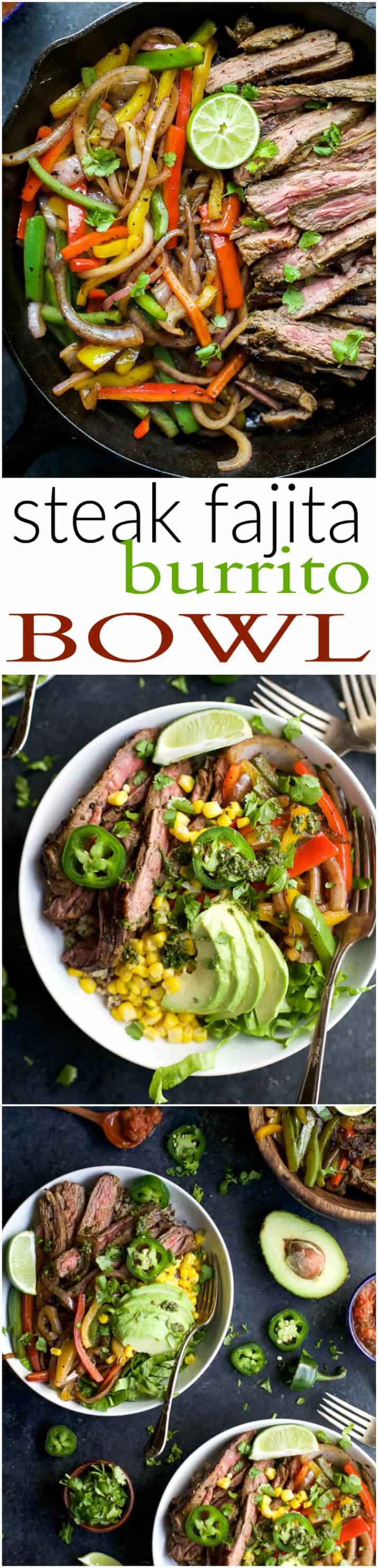 自制牛排Fajita Burrito碗充满奎奴亚藜,Fajita Steak,Avocado和一个Cilantro Lime Chimichurri酱你崇拜。这个快速的卷饼碗在30分钟内完成,一定是最喜欢的!|JoyfulHealthYeats.com |不麸质食谱