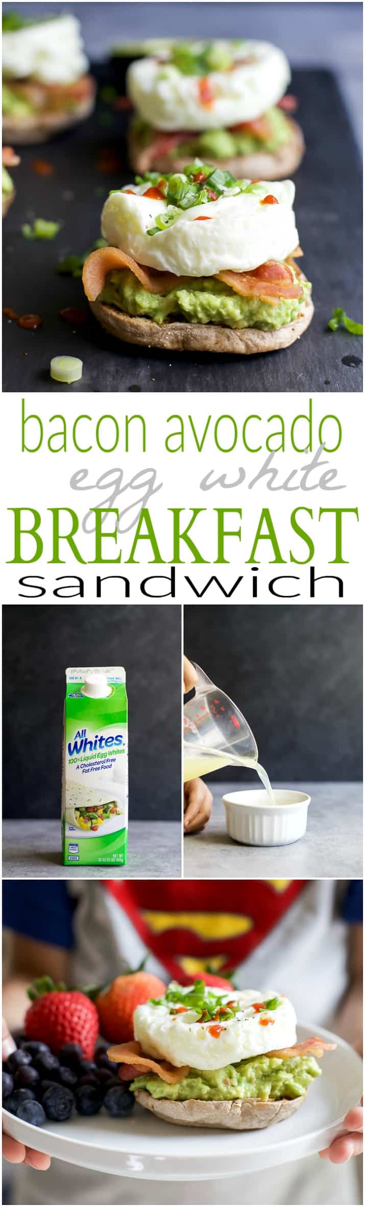 Easy 15 minute BACON AVOCADO EGG WHITE BREAKFAST SANDWICH, an easy power breakfast with 15 grams of protein and only 279 calories per serving! #allwhiteseggwhites #ad
