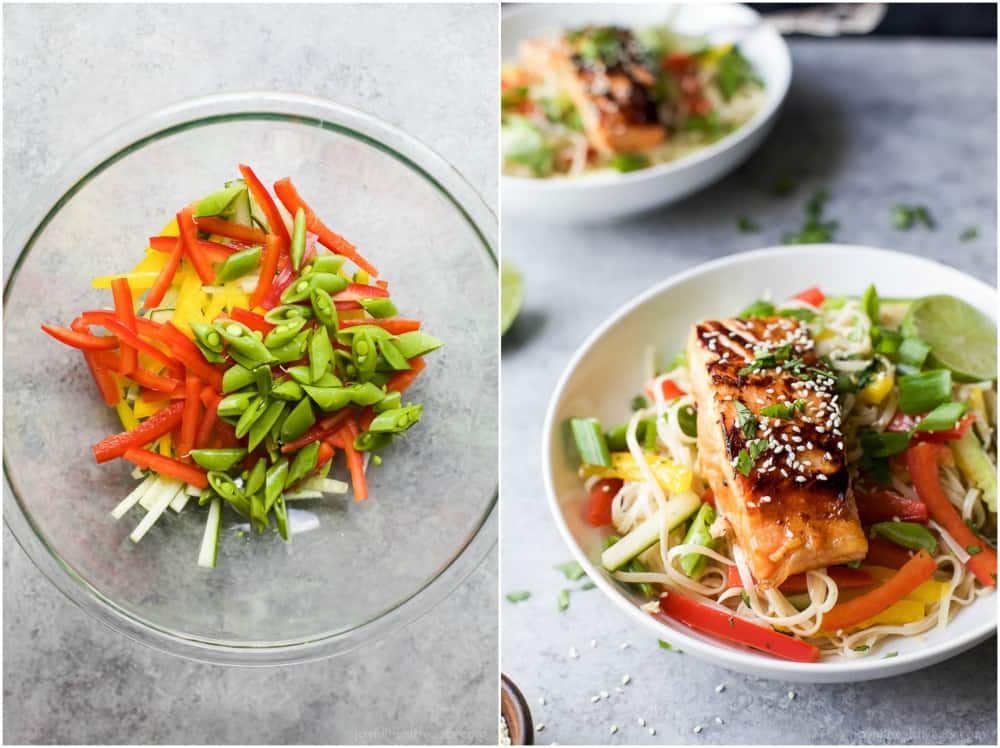 Easy Teriyaki Salmon在亚洲面条床上用糙米面条,新鲜蔬菜和自制亚洲芝麻酱制成!夏天的光线,简单的清爽食谱!|不麸质食谱