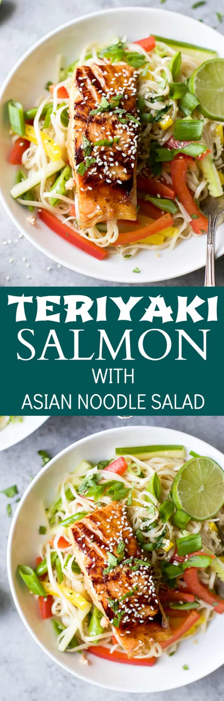 Easy Teriyaki Salmon在亚洲面条床上用糙米面条,新鲜蔬菜和自制亚洲芝麻酱制成!夏天的光线,简单的清爽食谱!|不麸质食谱