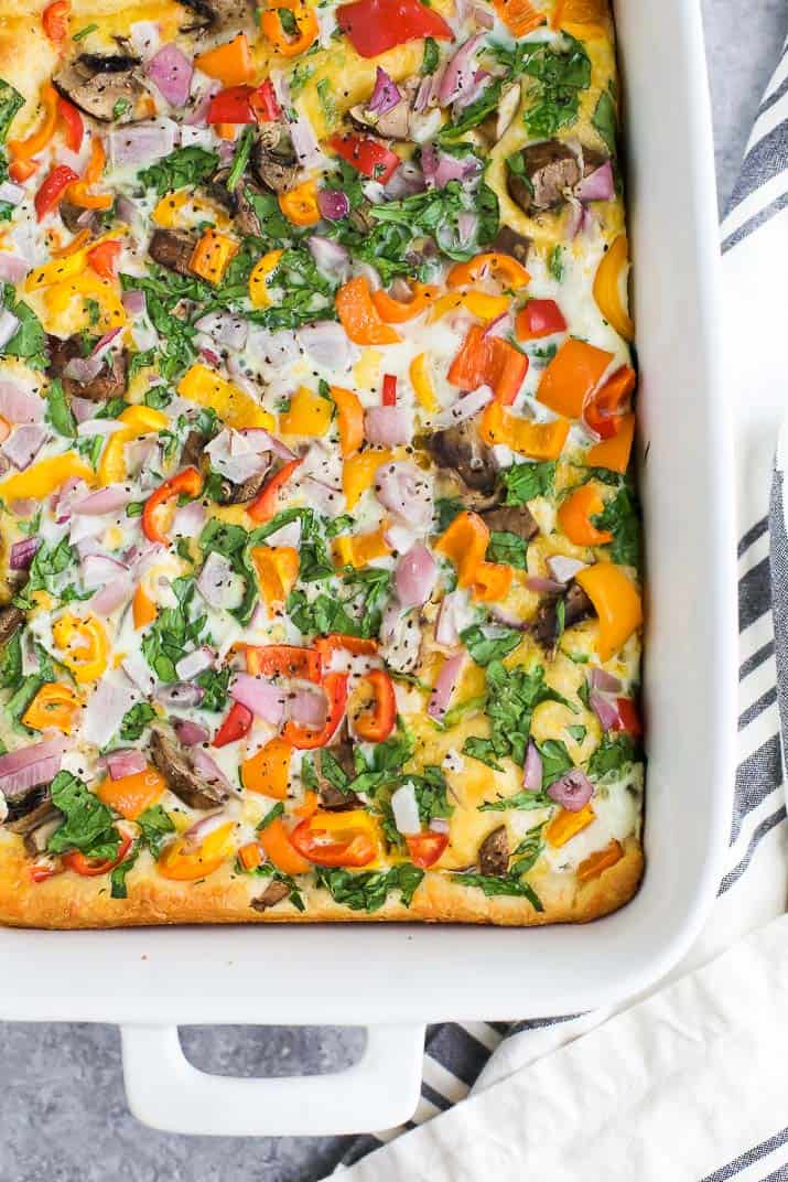 Egg White Vegetable Breakfast Casserole Top view of Egg White Vegetable Breakfast Casserole in a baking dish