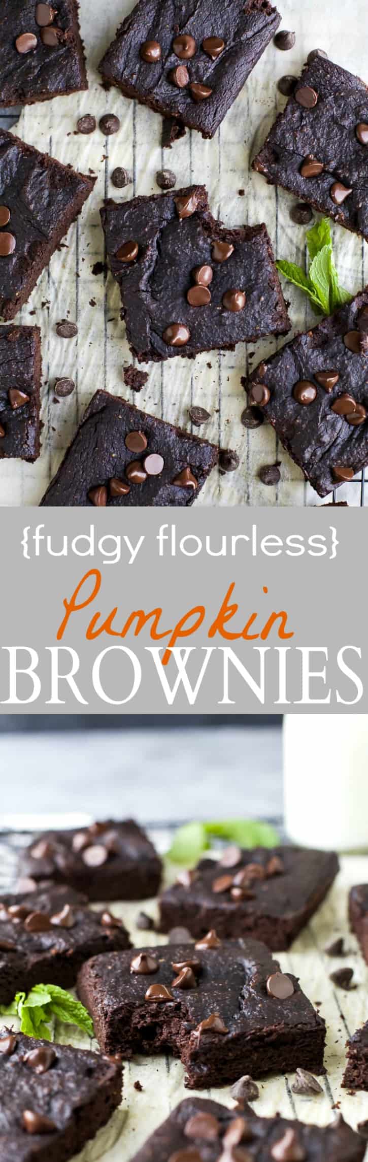 Fudgy Flourless Pumpkin Brownies 两个无面粉南瓜布朗尼与巧克力片的图像拼贴