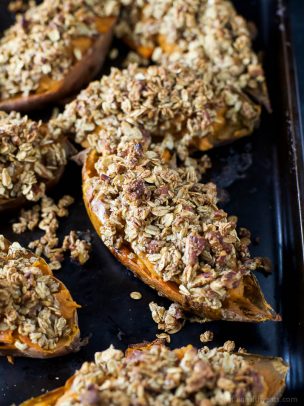 Twice Baked Sweet Potatoes with Oatmeal Pecan Streusel Image of Twice Baked Sweet Potatoes with Oatmeal Pecan Streusel