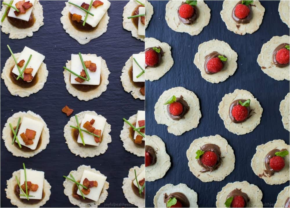 Sweet & Savory Holiday Appetizer Bites 一泛Savory Cheddar培根比特斯旁边一泛SweetNutella树莓比特