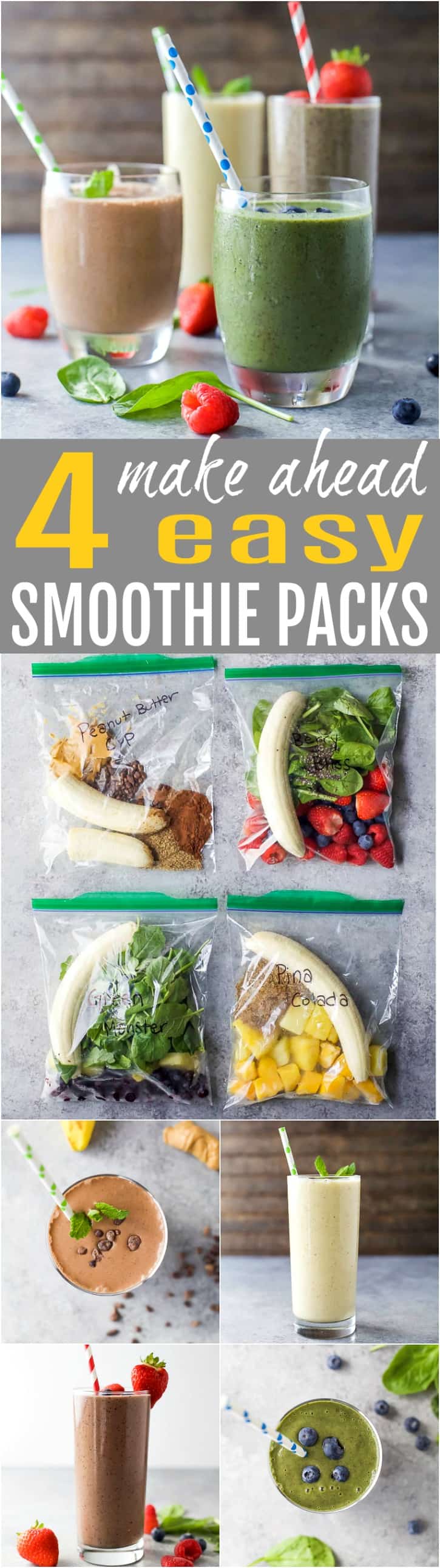 4 Easy Smoothie Packs配方,可以提前和冷冻以便快速使用!每个冰沙都装满营养,蛋白质和纤维。Plus是KID批准的。这些冰沙包装是健康新年的完美开始!