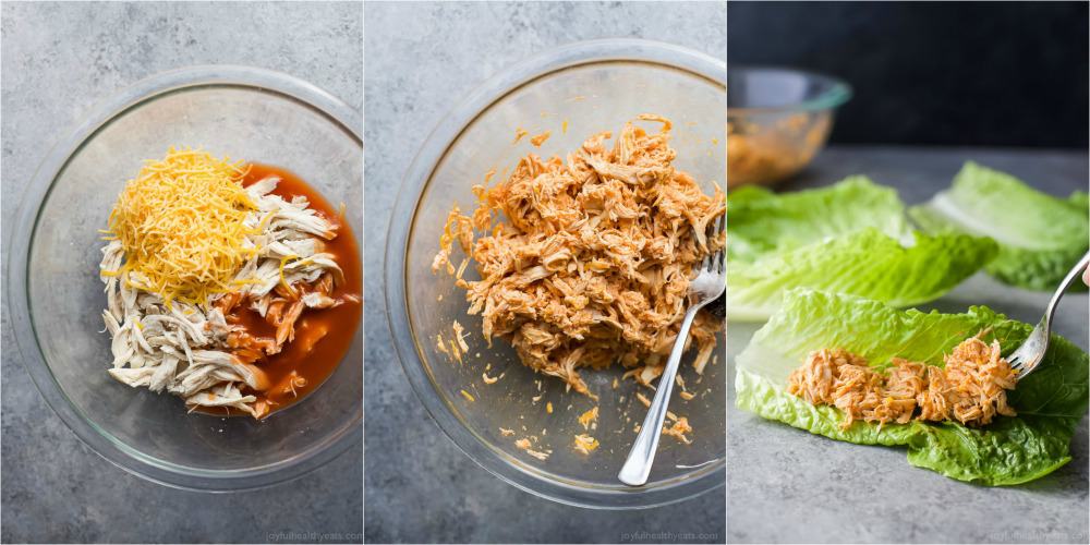 Buffalo Chicken Lettuce Wraps 这是一幅拼贴画,上面有三张水牛城鸡丝放在混合的碗里,然后放进生菜叶子里