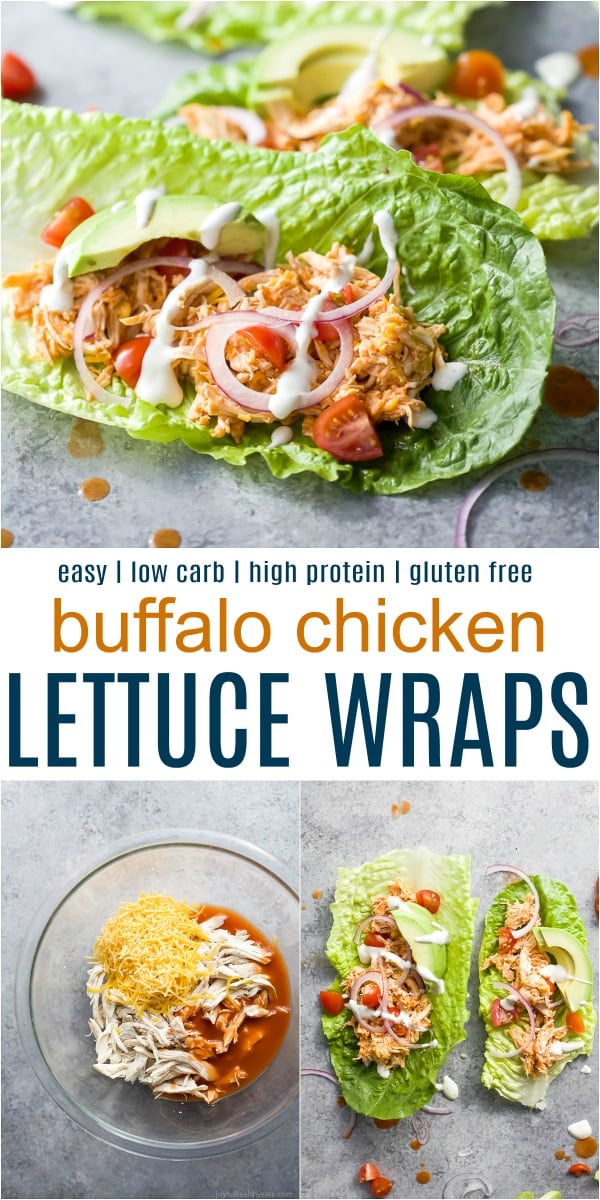 Buffalo Chicken Lettuce Wraps 布法罗鸡肉生菜卷和食谱标题文本的拼贴图像