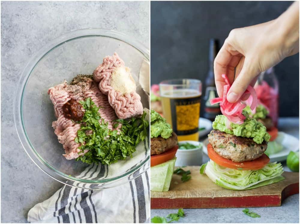 健康的Paleo Chipotle土耳其汉堡装满了Tex-Mex的味道,然后用Zesty Gaacamole和腌的洋葱冠。这些土耳其汉堡是低碳水化合物,蛋白质高,在30分钟内完成,保证是最喜欢的!