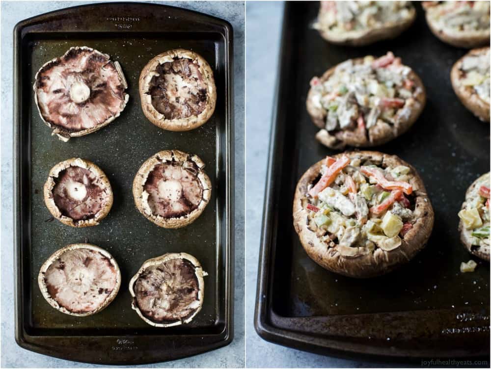 Easy Low carbon Philly Cheese Steak Stuffed mushroom filled with tender Steak, sautéed vegetables and gooey Cheese。这些填馅蘑菇在30分钟内就做好了,味道很好!