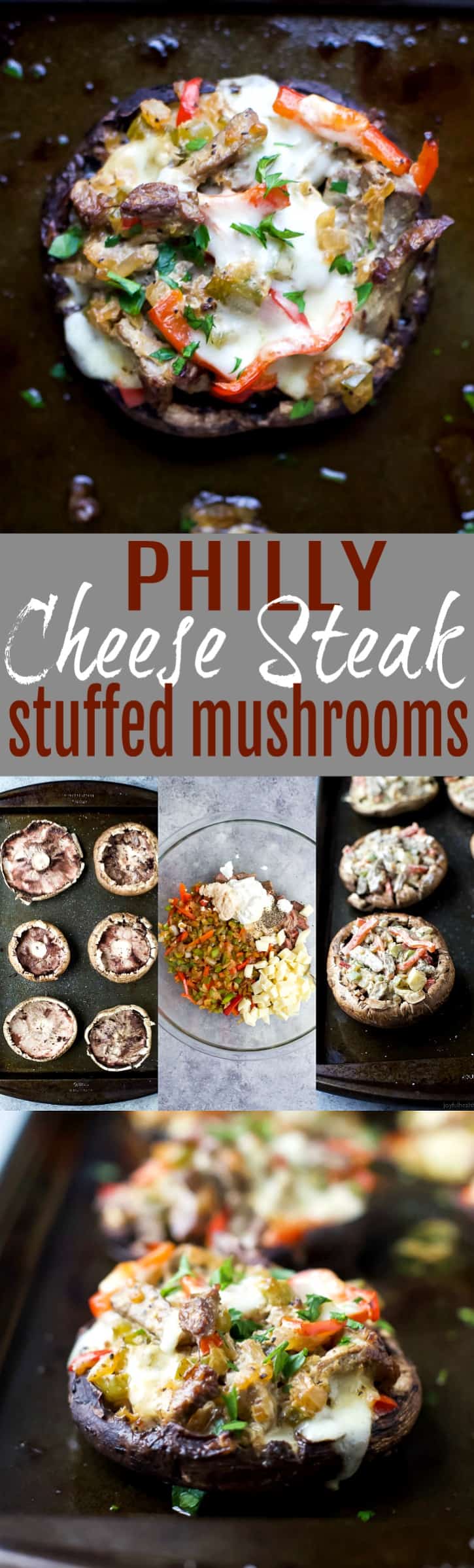 Easy Low carbon Philly Cheese Steak Stuffed mushroom filled with tender Steak, sautéed vegetables and gooey Cheese。这些填馅蘑菇在30分钟内就做好了,味道很好!