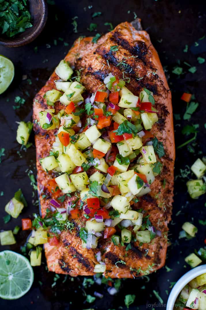 Top view of Chili Lime Grilled Salmon with fresh Pineapple Salsa