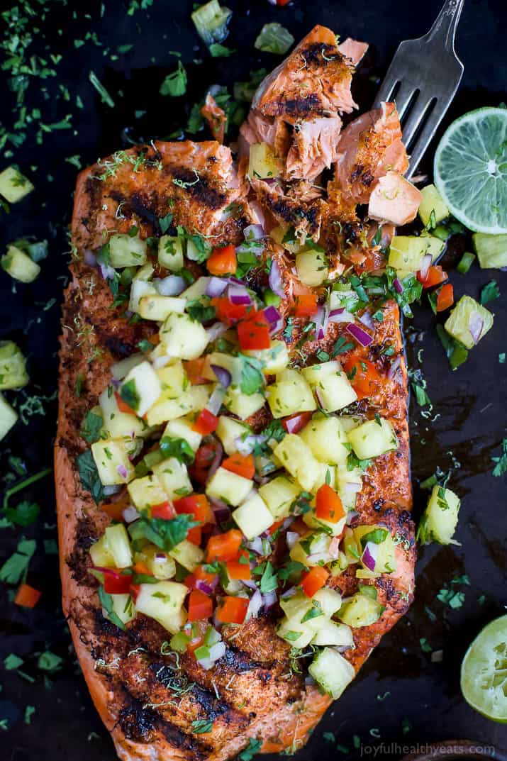 Top view of Chili Lime Grilled Salmon with fresh pineapple salsa