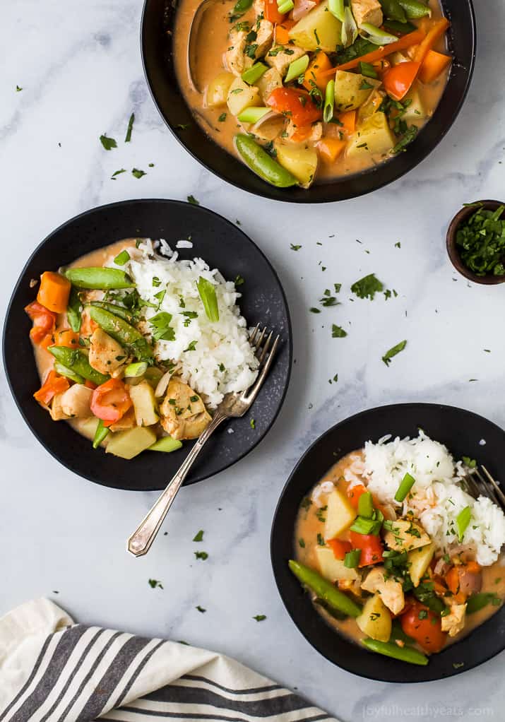Top view of Crock Pot Chicken Curry with white rice