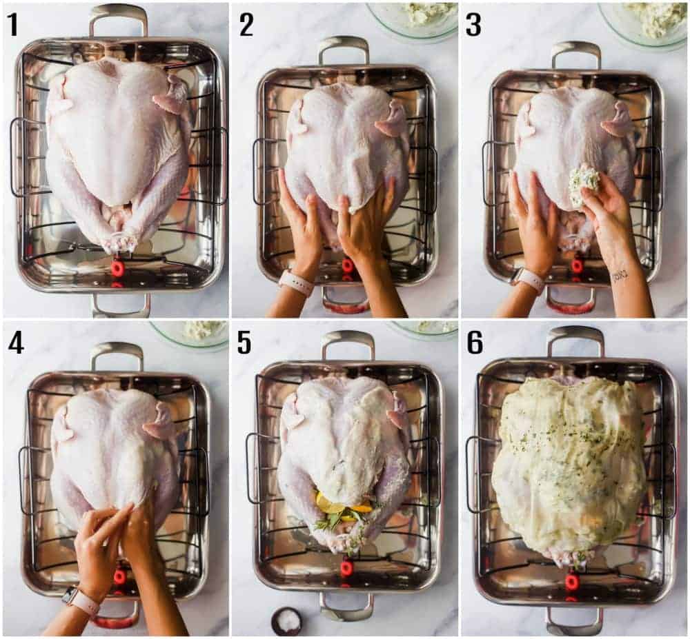 The Best Thanksgiving Turkey Recipe without Brining Step by step photos showing a turkey being prepared for roasting