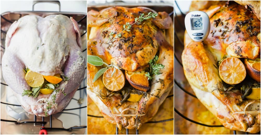 The Best Thanksgiving Turkey without Brining Collage showing raw and roasted turkey with a meat thermometer show the done temperature