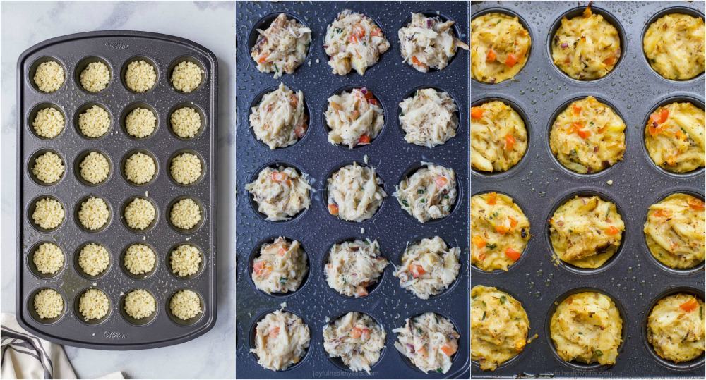 处理正在制作的迷你烤蟹饼照片