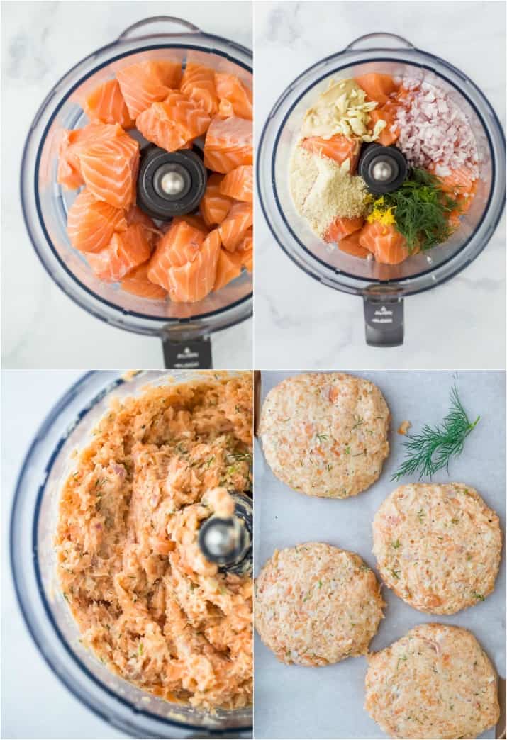 处理如何在食品加工机中制作鲑鱼汉堡的照片