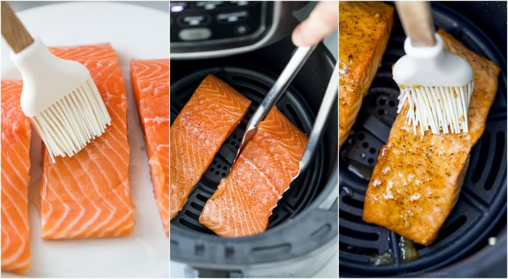 Easy Maple Dijon Air Fryer Salmon Recipe 在被烹调之前,期间和之后的鲑鱼的图象拼贴画