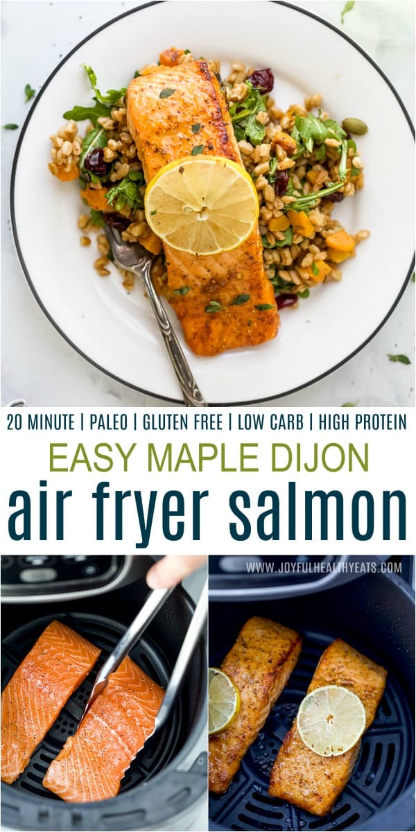 Easy Maple Dijon Air Fryer Salmon Recipe 一块板材与完美煮熟的三文鱼在空气油炸锅中的鲑鱼片的两个图像上方