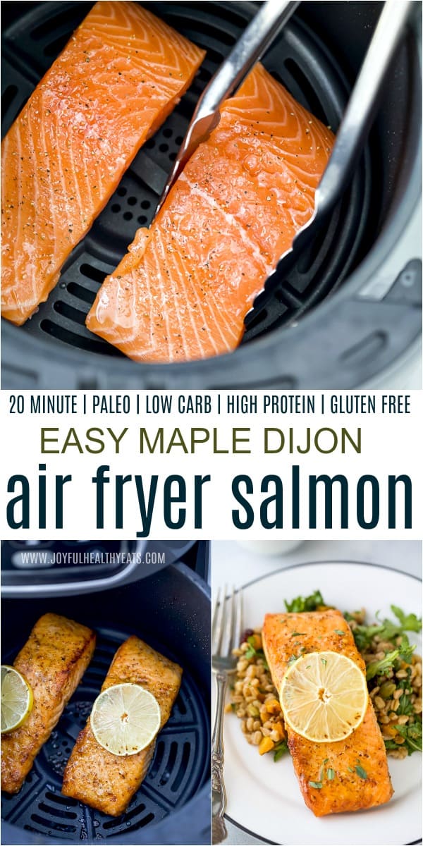 Easy Maple Dijon Air Fryer Salmon Recipe 鲑鱼片拼贴在空气炸锅和盘子上