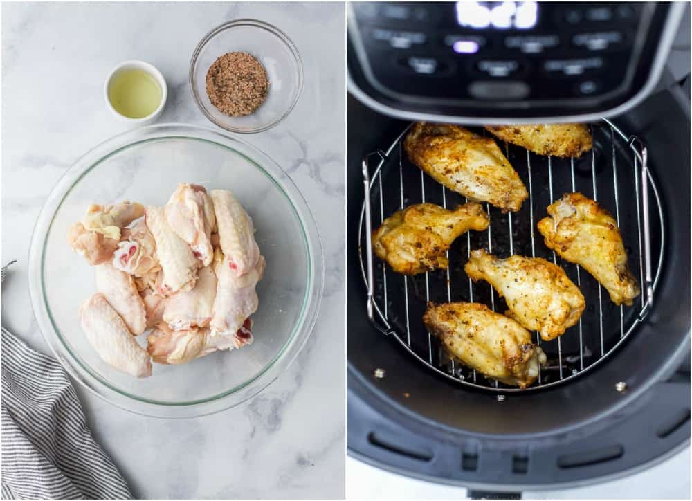 The Crispiest Honey BBQ Air Fryer Chicken Wings 一个拼贴生鸡翅,调味混合物和鸡肉烹饪在空气炸锅