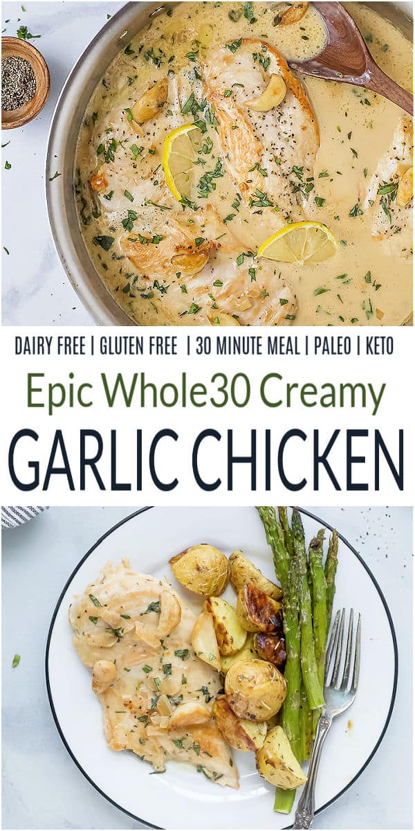 这是Whole30奶油蒜味鸡食谱的pinterest图片