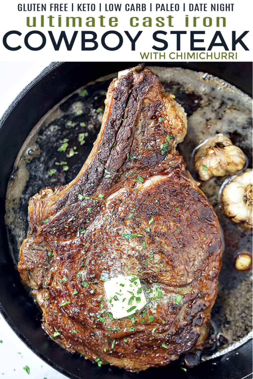 铸铁牛仔牛排的Pinterest形象与chimichurri