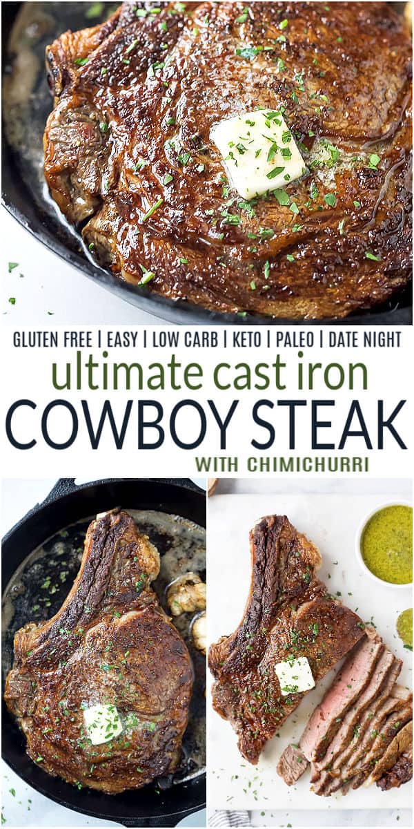 铸铁牛仔牛排的Pinterest形象与chimichurri