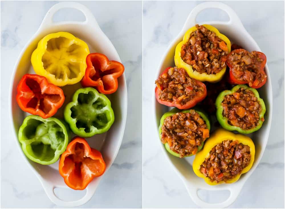 不含麸质Turkey Bolognese Stuffed Peppers a simple dinner recipe filled with rich flavor your family will love. These Stuffed Peppers make the perfect comforting weeknight meal!