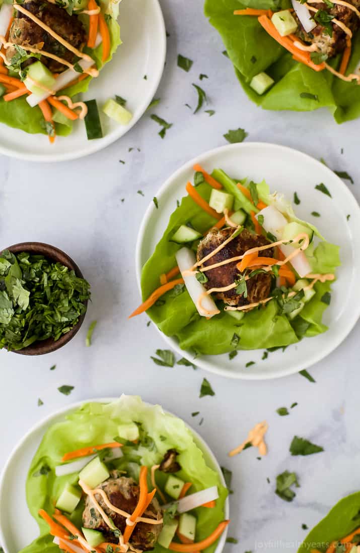 俯视图的Banh Mi生菜卷与火鸡肉丸与生菜卷腌菜和蛋黄酱