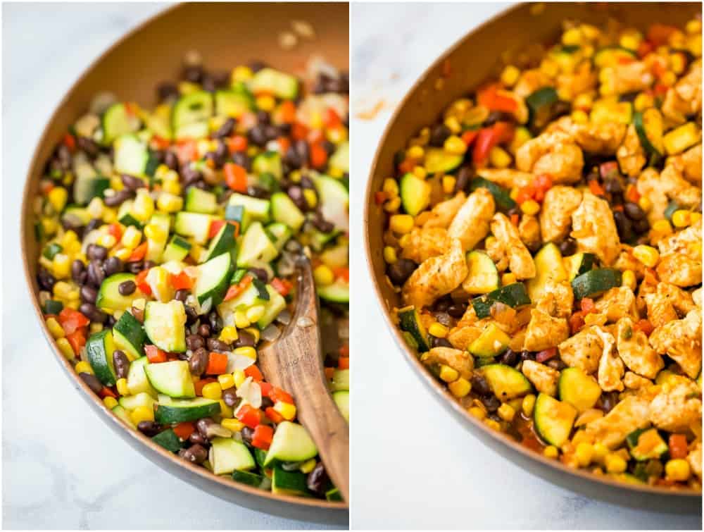 公关ocess photos of how to make a 30 minute zucchini chicken enchilada skillet