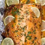 overhead photo of easy 20 minute garlic butter salmon in foil recipe