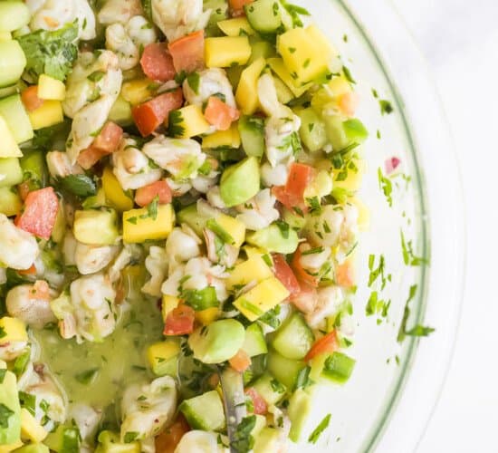 芒果虾ceviche在碗里