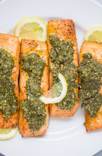 close up of air fryer pesto salmon